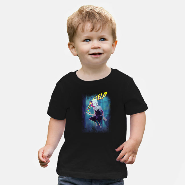 Spider Gwen Help-Baby-Basic-Tee-jacnicolauart