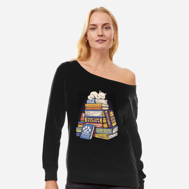 Cat Books Feline Library-Womens-Off Shoulder-Sweatshirt-tobefonseca