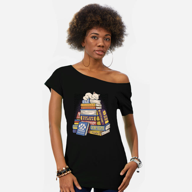 Cat Books Feline Library-Womens-Off Shoulder-Tee-tobefonseca