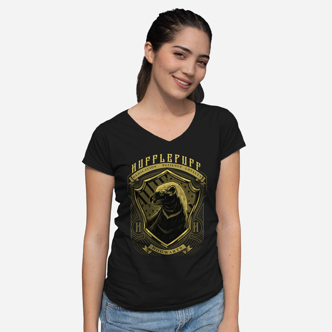 Yellow Badger Emblem-Womens-V-Neck-Tee-Astrobot Invention